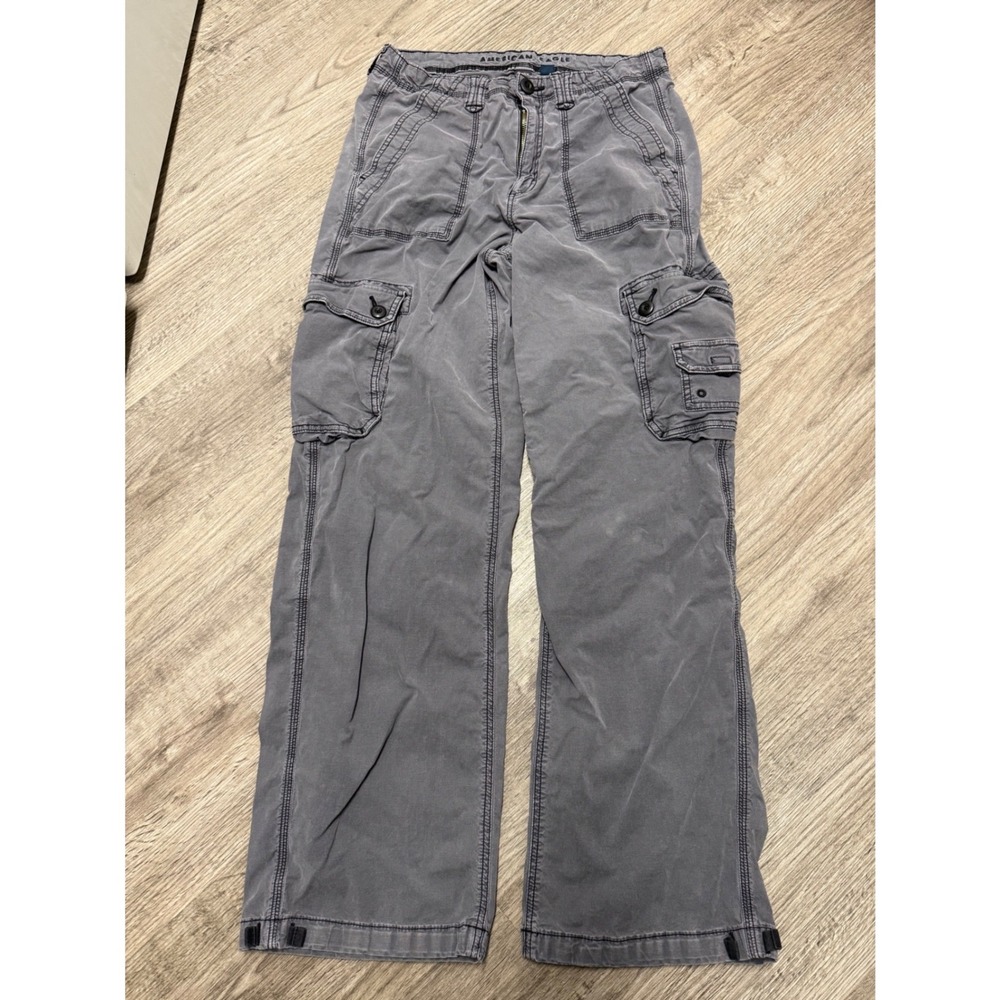 American Eagle Distressed Cargo Pants Womens 8 Grey Wide Leg Stretch Utility